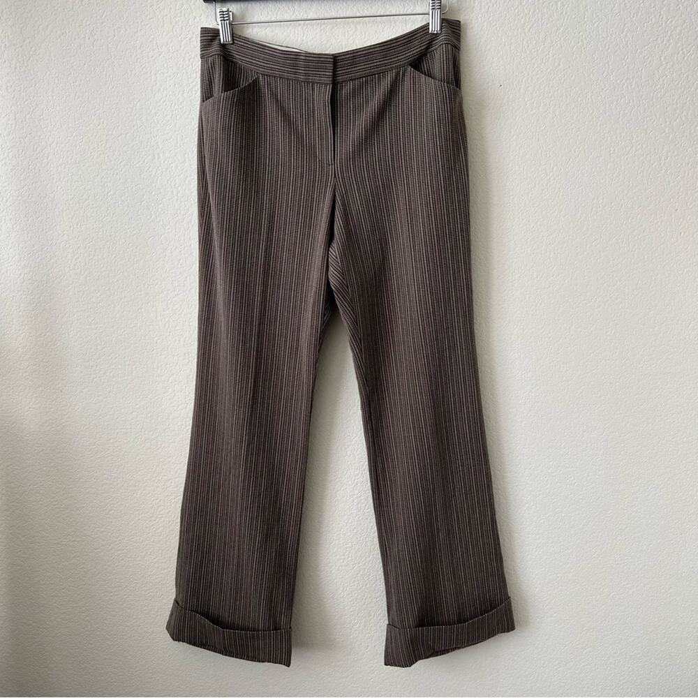 Tahari Brown Tan Plaid Stripe knit cuffed wide leg dress trouser pants